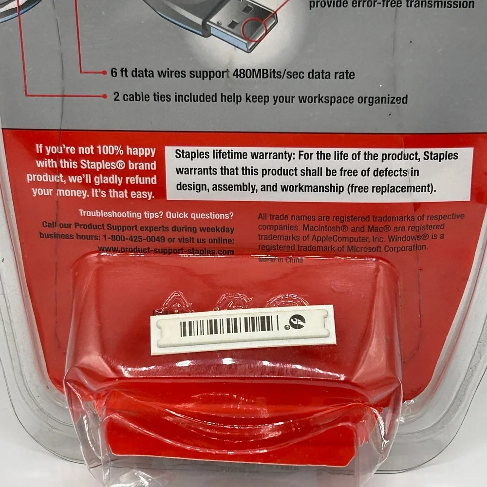 Staples USB 2.0 High Speed Cable 6 ft Black Includes 2 Cable Ties NEW IN PACKAGE